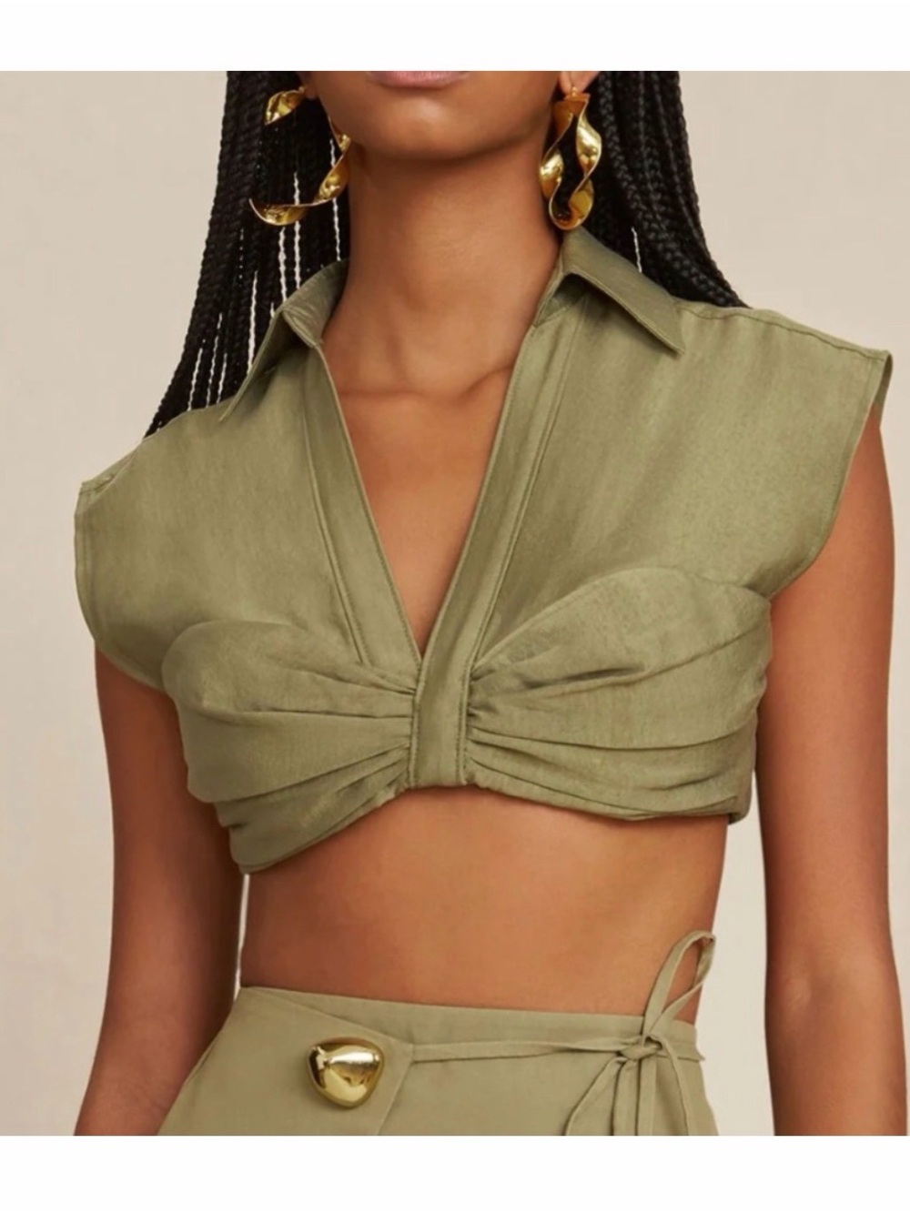 NEW Cult Gaia Top XS green crop blouse short sleeve dolman twist drape